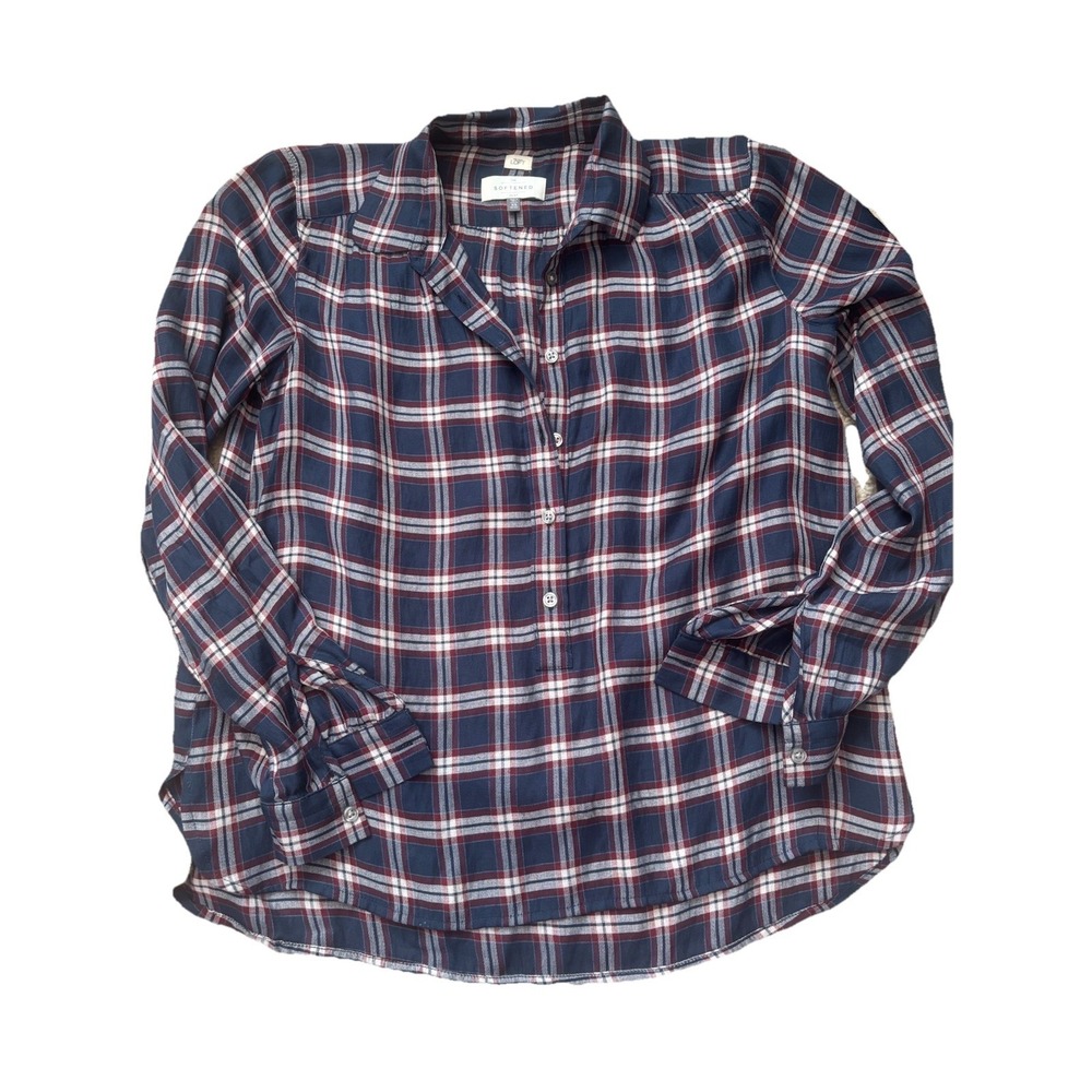 Ann Taylor Loft Softened Shirt Plaid Sz XS Petite Navy Burgundy 3/4 Button Down